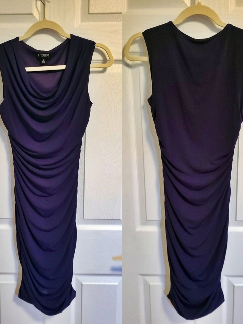 En Focus Studio - (Size 6) Plum Cowl Neck Ruched Sleeveless Women's Dress